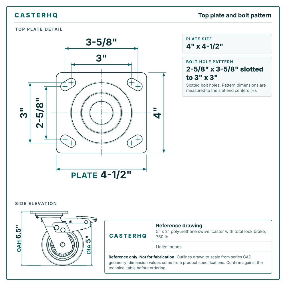 Top plate bolt pattern drawing, 4 x 4-1/2 in plate, slotted bolt holes