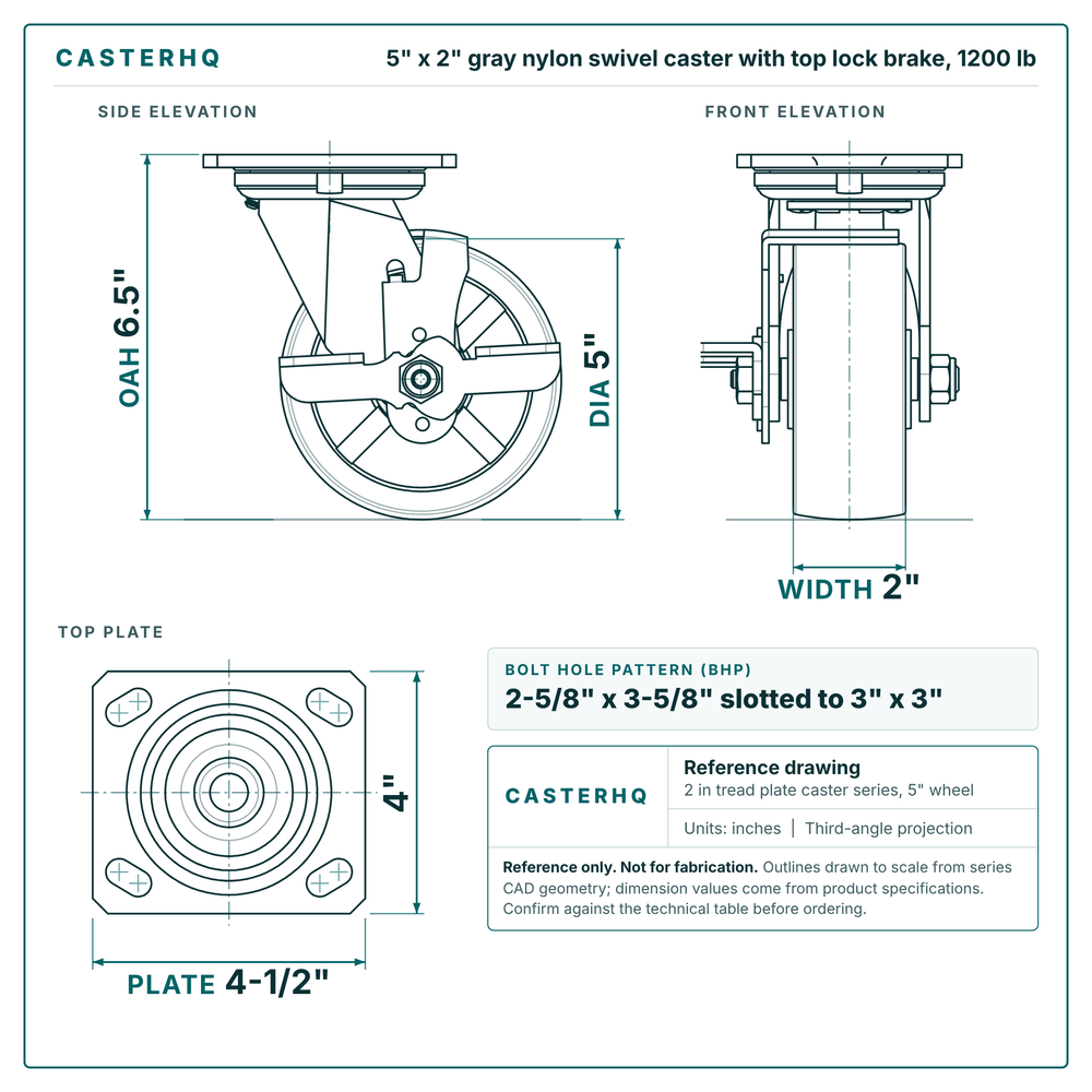 5 x 2 in gray nylon swivel caster with top lock brake reference drawing, side, front and top plate views with dimensions