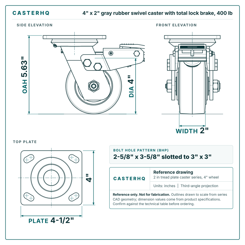 4 x 2 in gray rubber swivel caster with total lock brake reference drawing, side, front and top plate views with dimensions