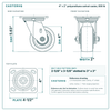 4 x 2 in polyurethane swivel caster reference drawing, side, front and top plate views with dimensions