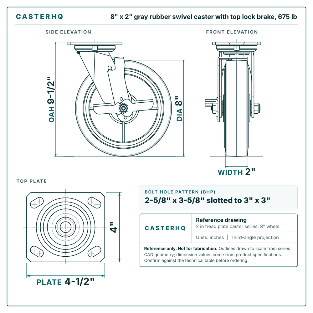 8 x 2 in gray rubber swivel caster with top lock brake reference drawing, side, front and top plate views with dimensions