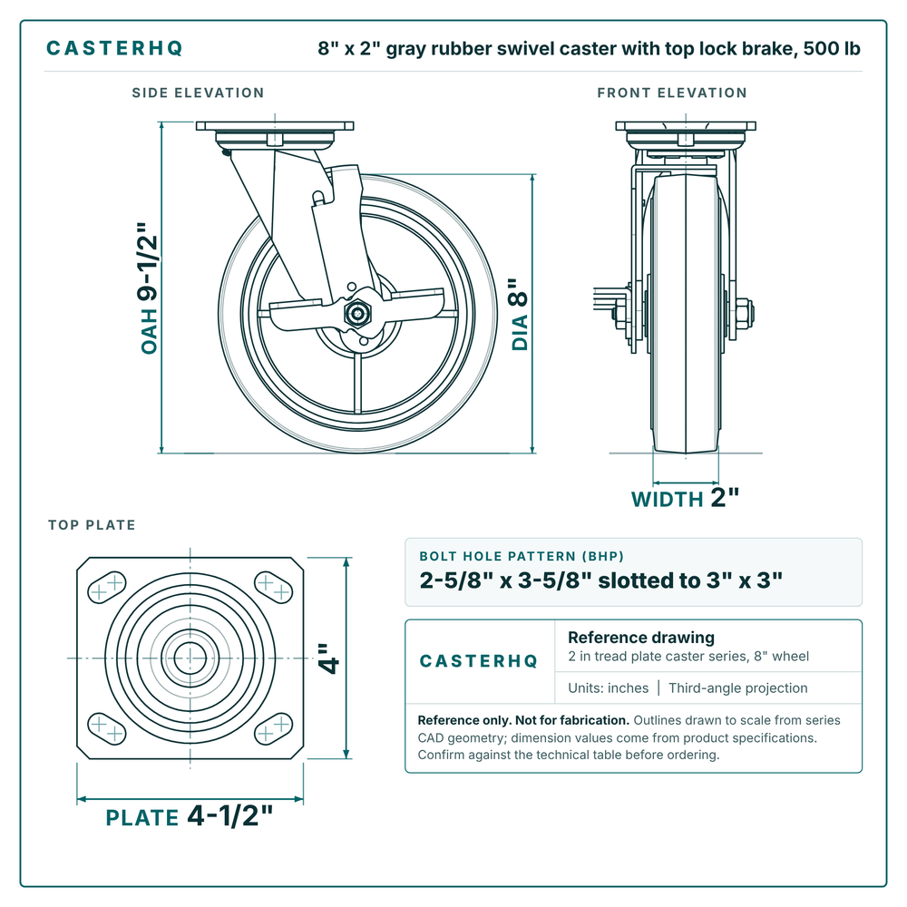 8 x 2 in gray rubber swivel caster with top lock brake reference drawing, side, front and top plate views with dimensions