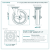 8 x 2 in gray rubber swivel caster with top lock brake reference drawing, side, front and top plate views with dimensions