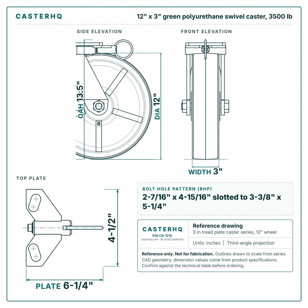 12 x 3 in green polyurethane swivel caster reference drawing, side, front and top plate views with dimensions