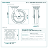 8 x 2 in gray rubber swivel caster reference drawing, side, front and top plate views with dimensions