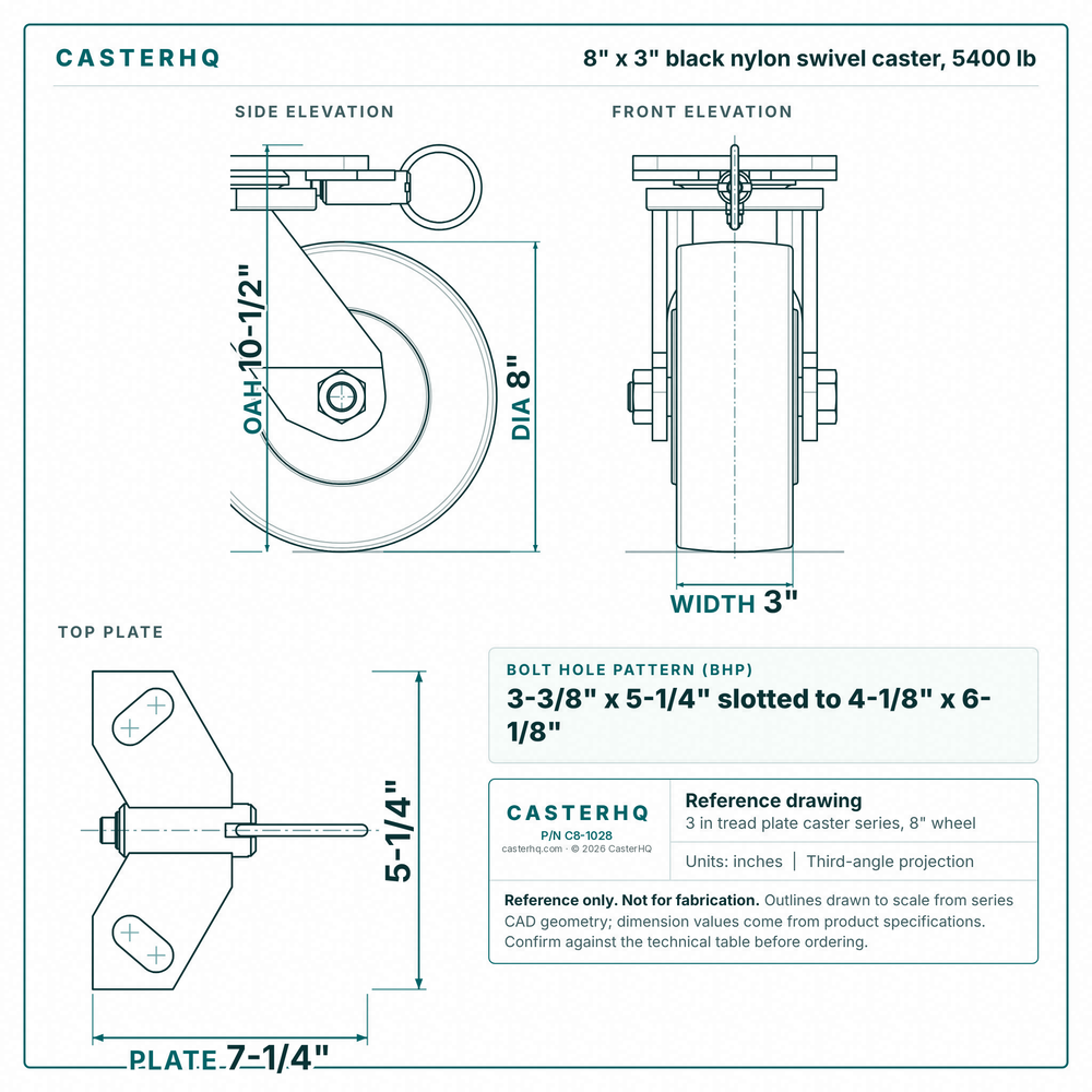8 x 3 in black nylon swivel caster reference drawing, side, front and top plate views with dimensions