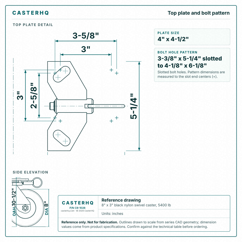 Top plate bolt pattern drawing, ["5-1/4\" x 7-1/4\""] plate, slotted bolt holes