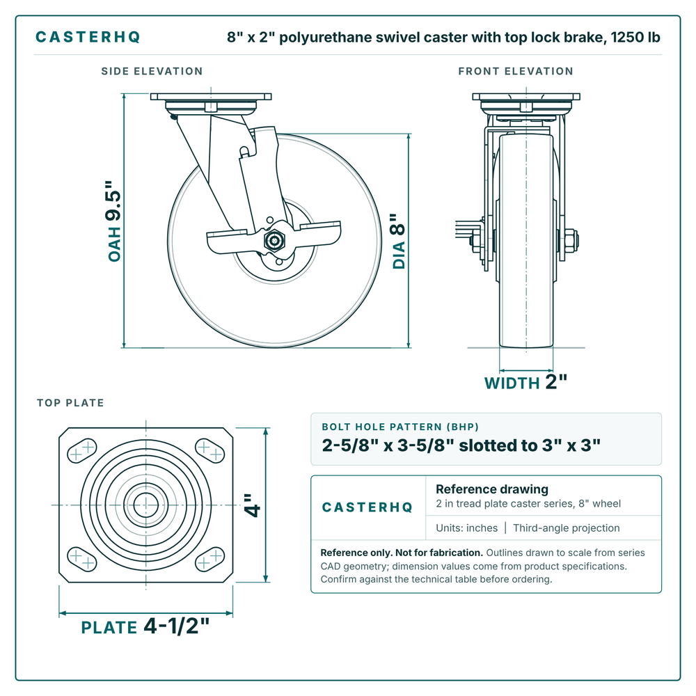8 x 2 in polyurethane swivel caster with top lock brake reference drawing, side, front and top plate views with dimensions