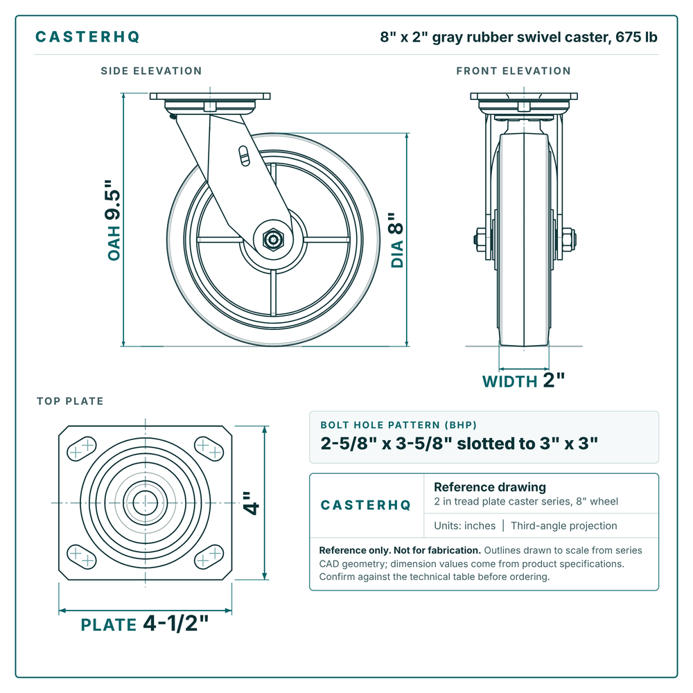 8 x 2 in gray rubber swivel caster reference drawing, side, front and top plate views with dimensions