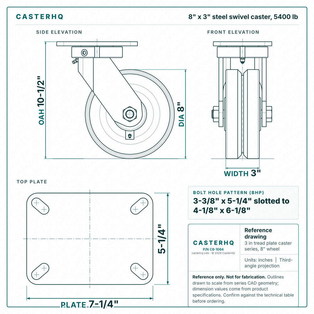 8 x 3 in steel swivel caster reference drawing, side, front and top plate views with dimensions