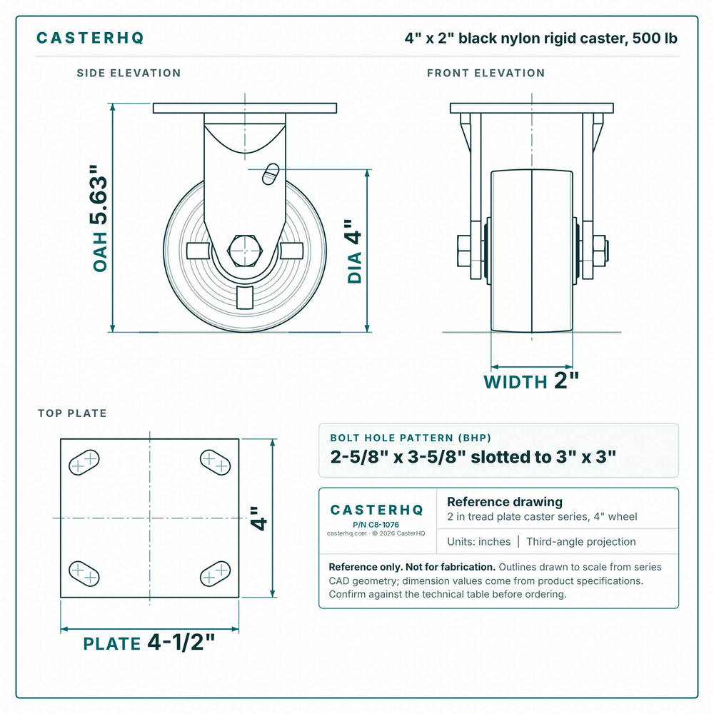 4 x 2 in black nylon rigid caster reference drawing, side, front and top plate views with dimensions
