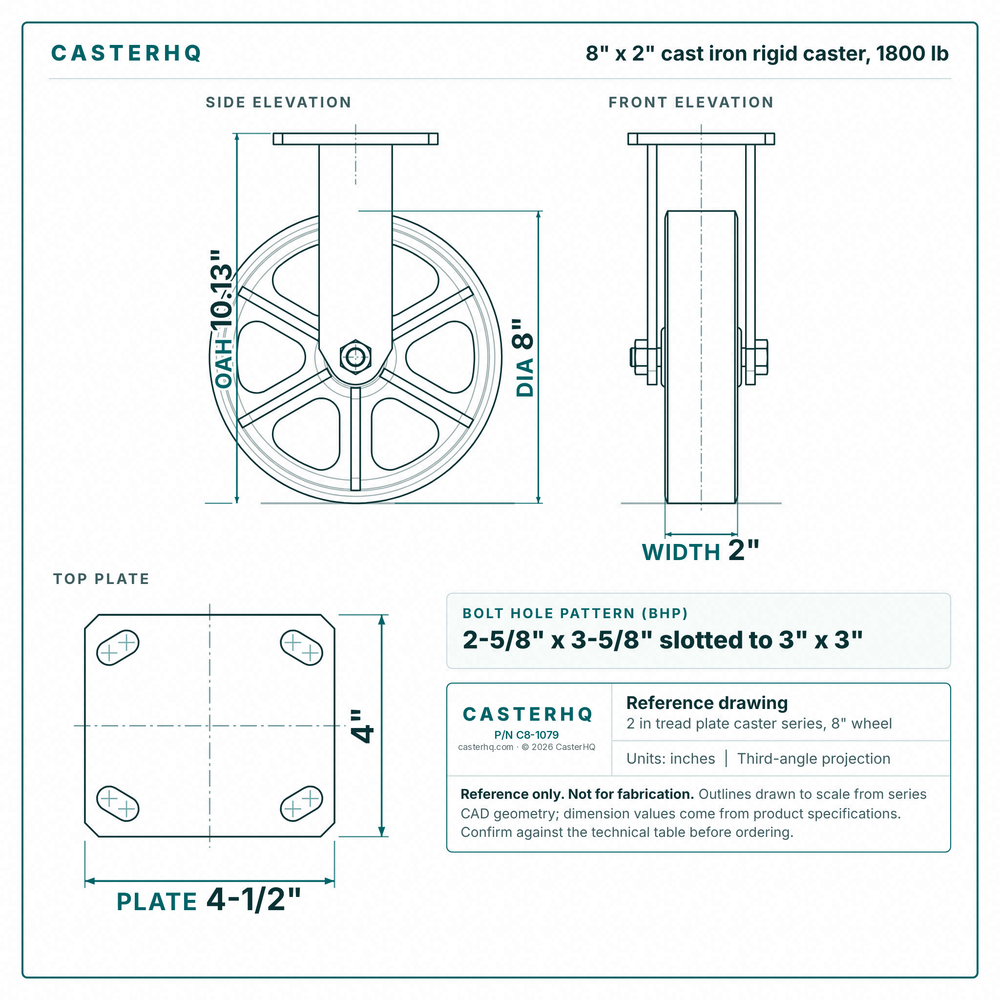 8 x 2 in cast iron rigid caster reference drawing, side, front and top plate views with dimensions