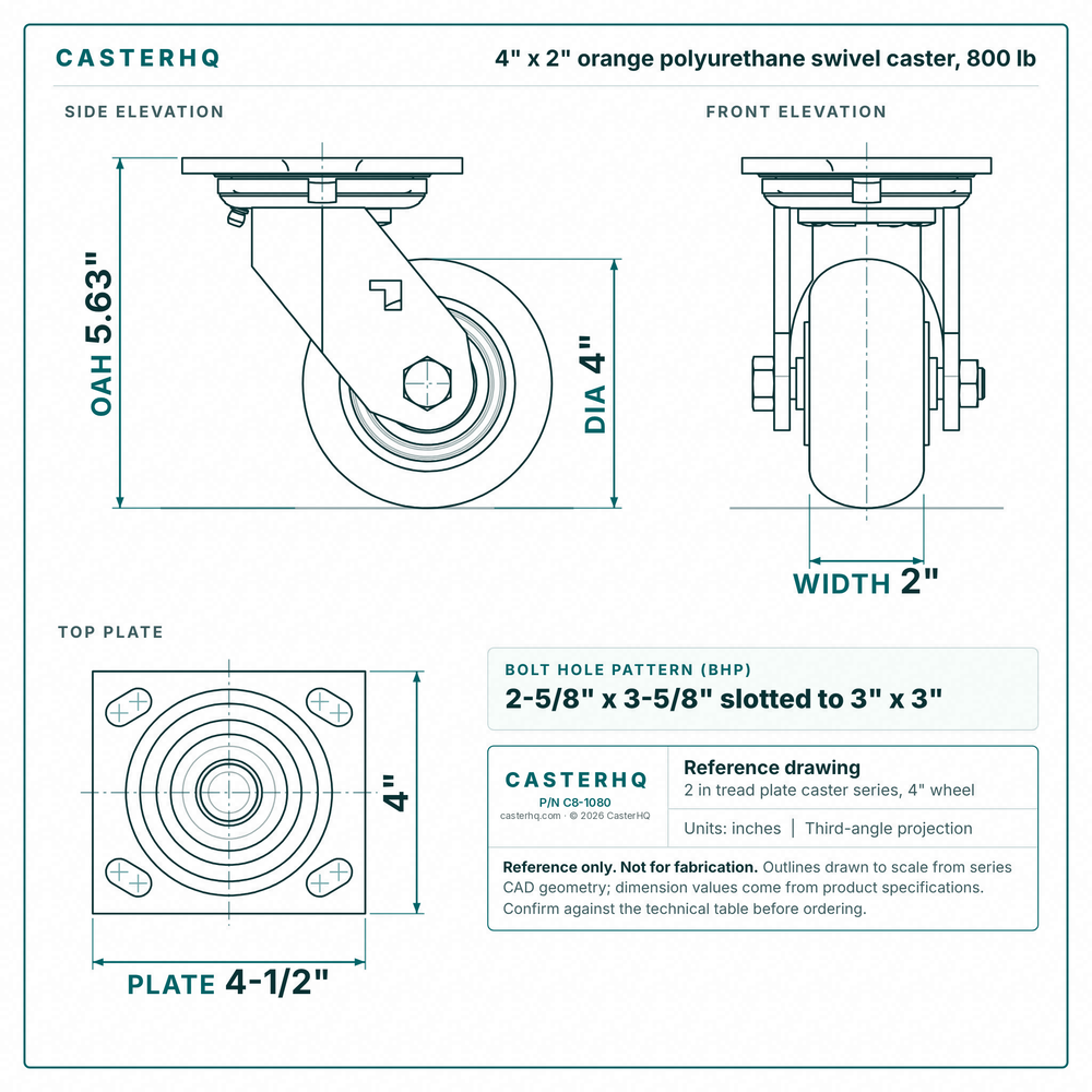 4 x 2 in orange polyurethane swivel caster reference drawing, side, front and top plate views with dimensions