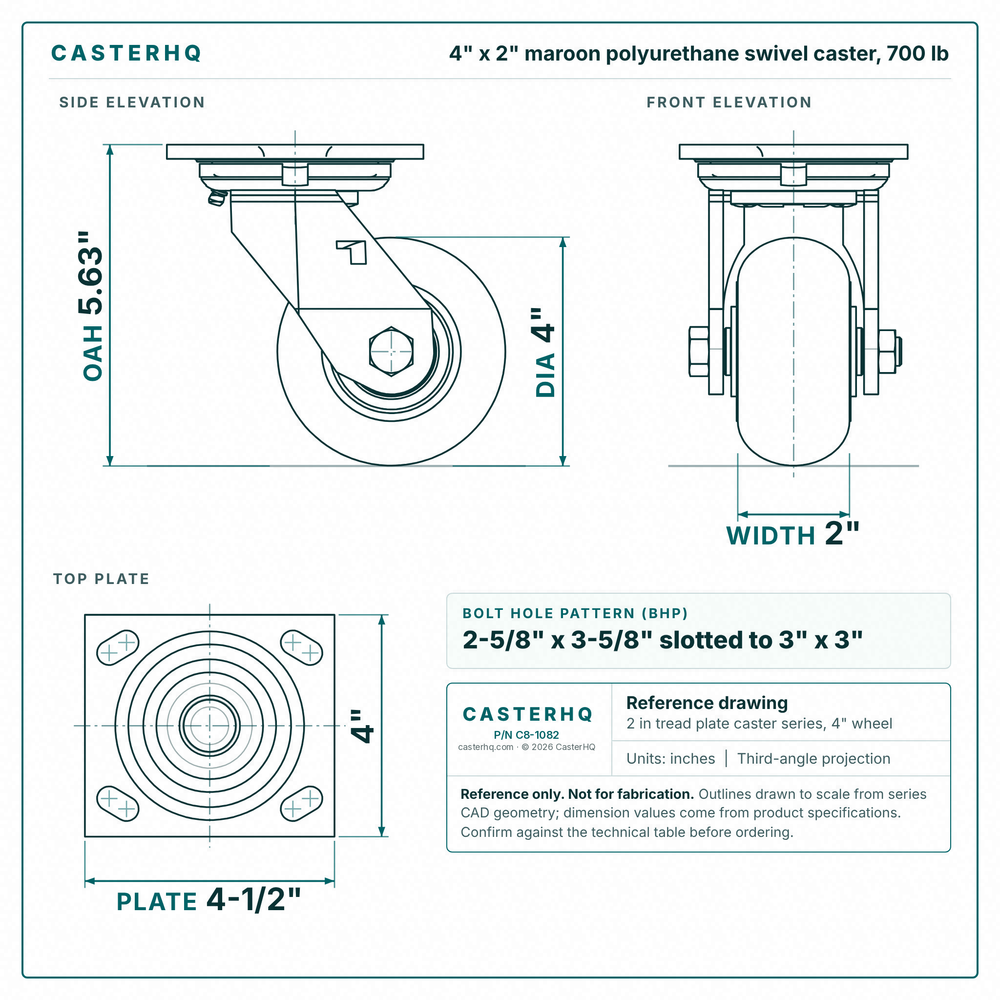 4 x 2 in maroon polyurethane swivel caster reference drawing, side, front and top plate views with dimensions