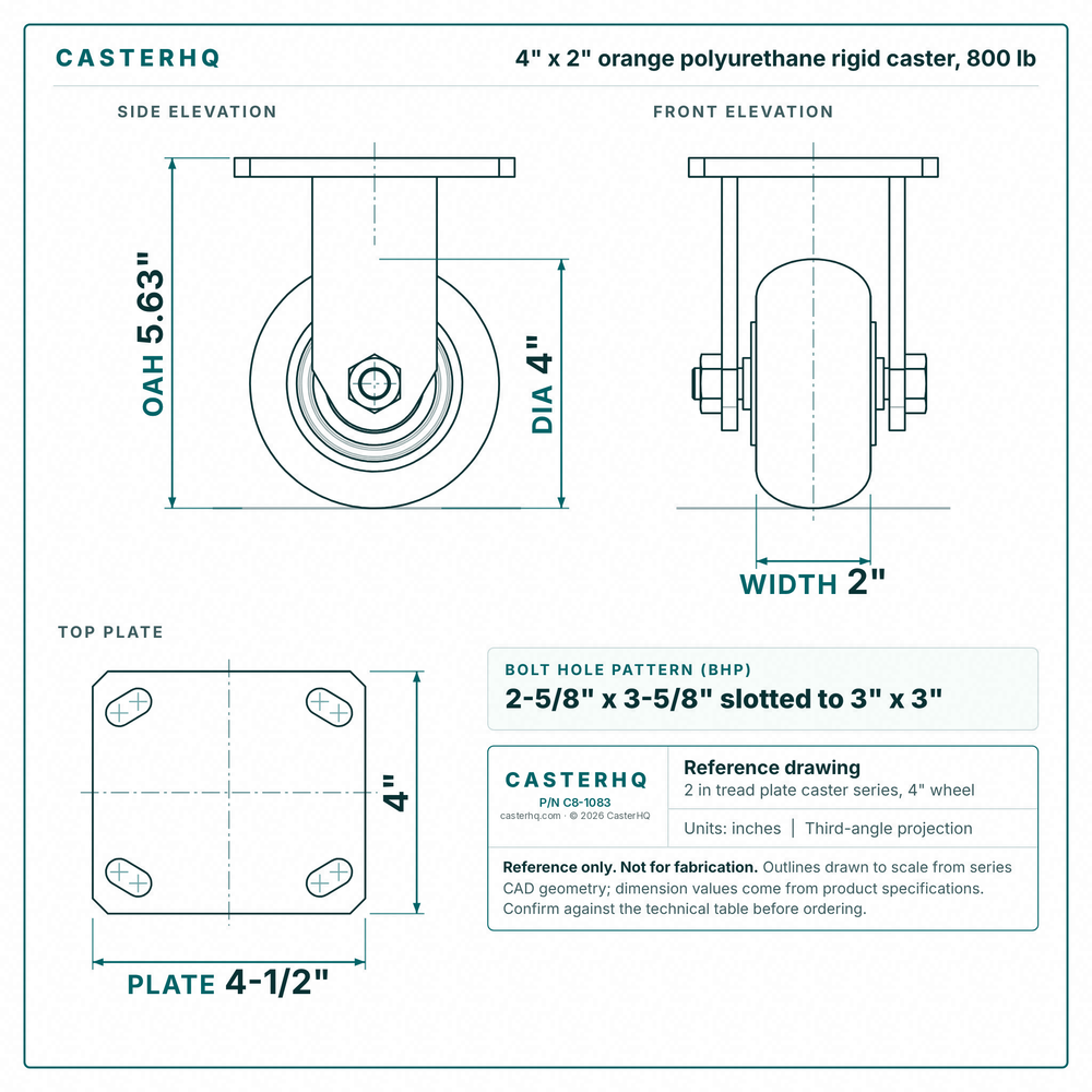 4 x 2 in orange polyurethane rigid caster reference drawing, side, front and top plate views with dimensions
