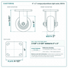 4 x 2 in orange polyurethane rigid caster reference drawing, side, front and top plate views with dimensions