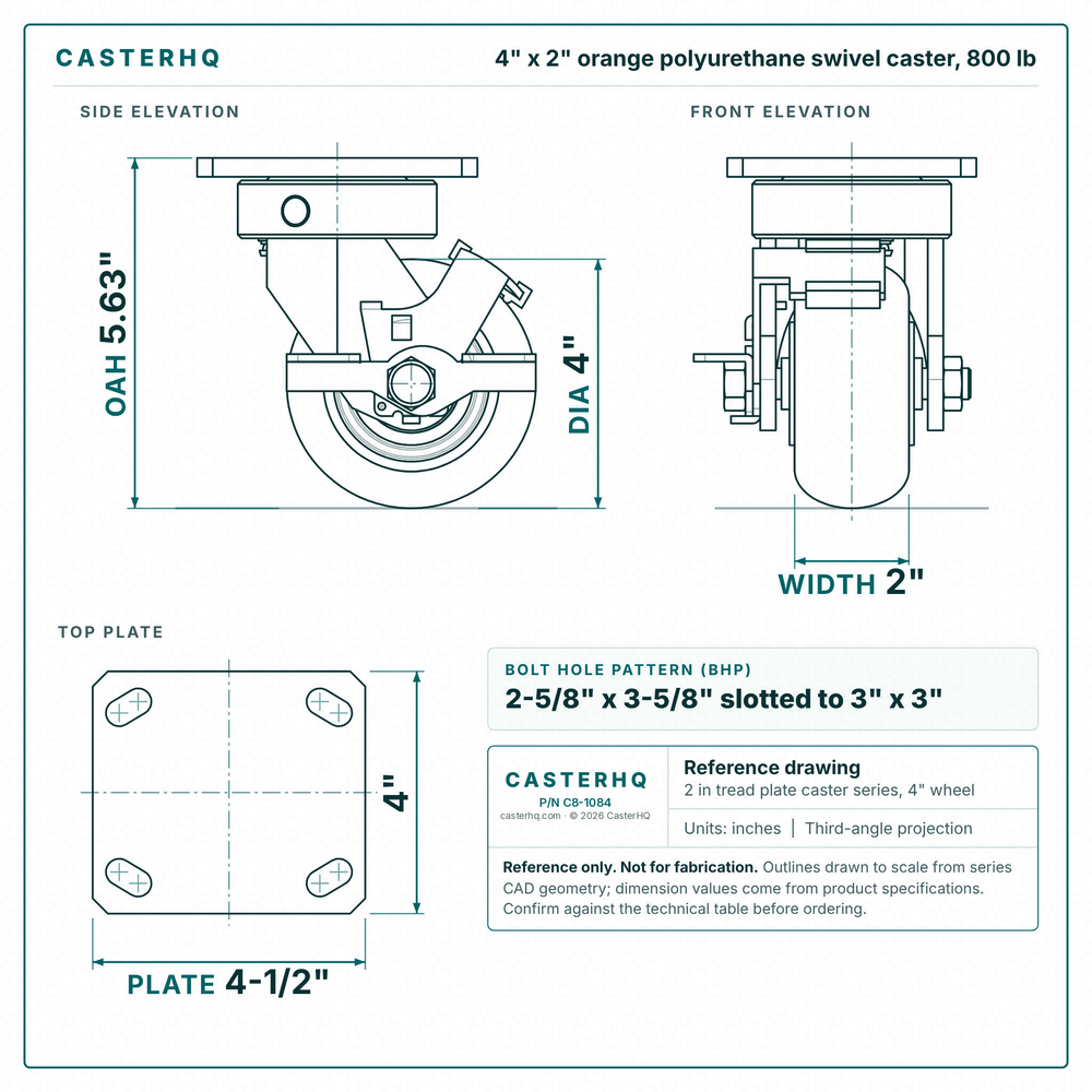 4 x 2 in orange polyurethane swivel caster reference drawing, side, front and top plate views with dimensions
