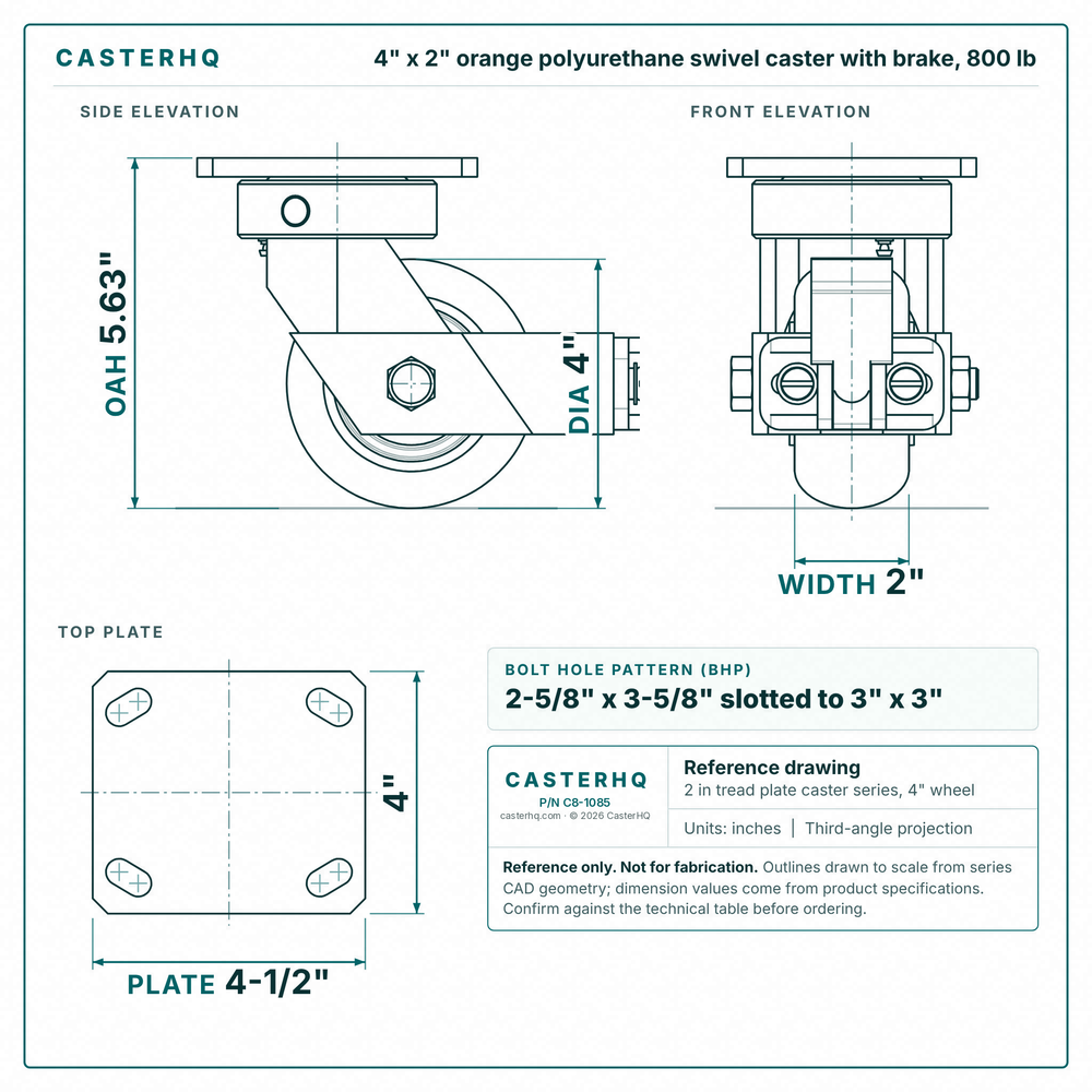 4 x 2 in orange polyurethane swivel caster with brake reference drawing, side, front and top plate views with dimensions