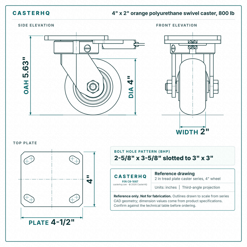 4 x 2 in orange polyurethane swivel caster reference drawing, side, front and top plate views with dimensions