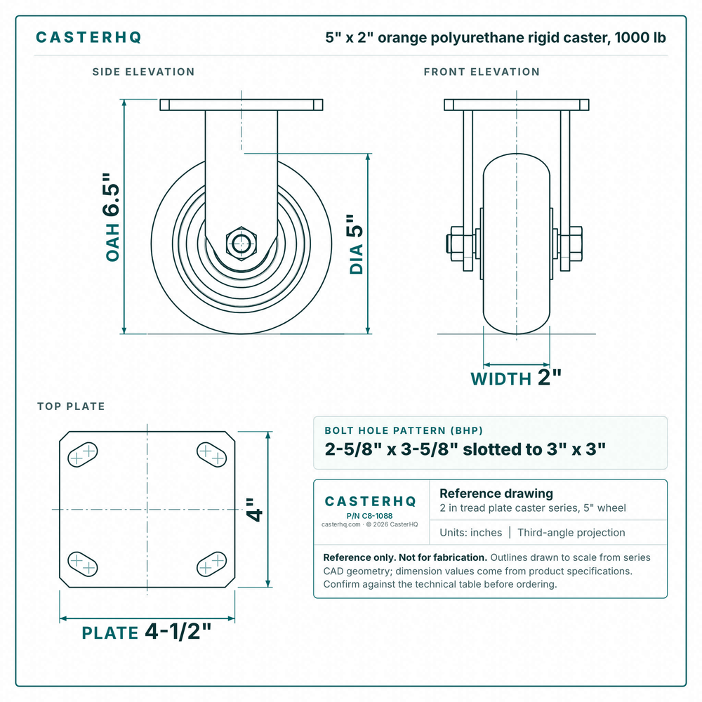 5 x 2 in orange polyurethane rigid caster reference drawing, side, front and top plate views with dimensions