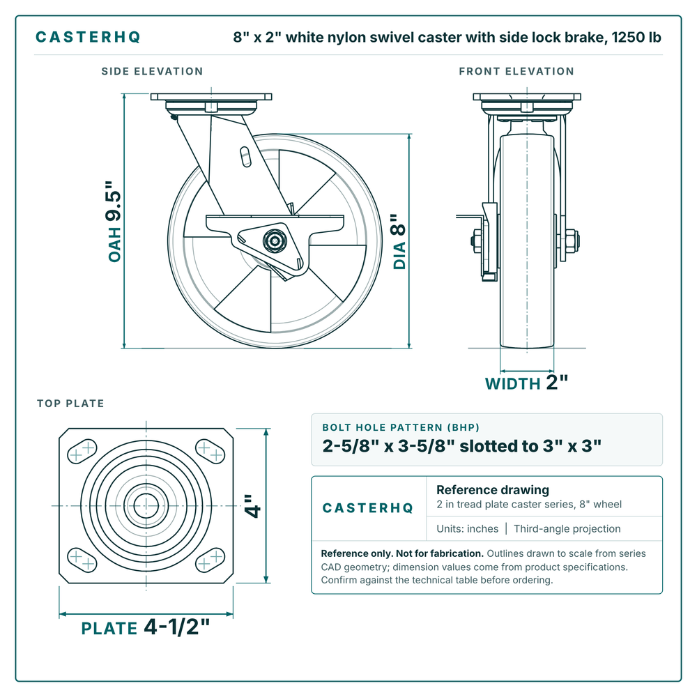 8 x 2 in white nylon swivel caster with side lock brake reference drawing, side, front and top plate views with dimensions