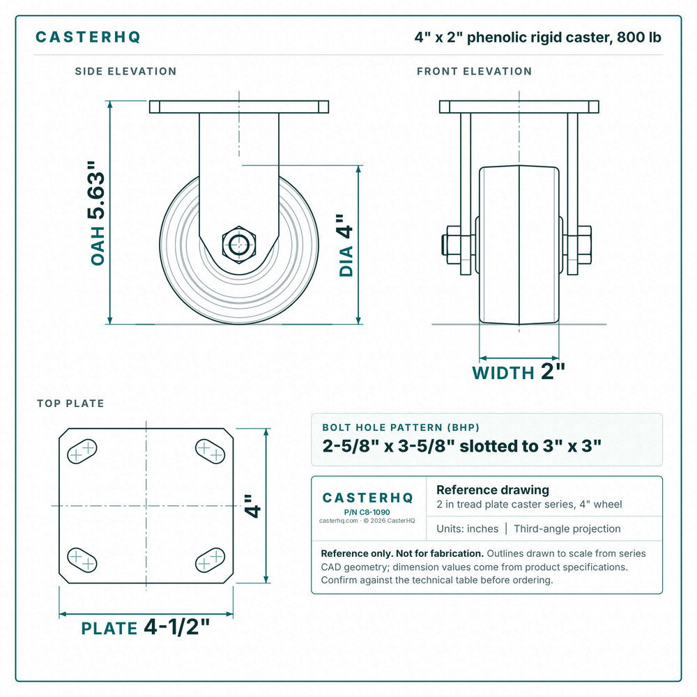 4 x 2 in phenolic rigid caster reference drawing, side, front and top plate views with dimensions