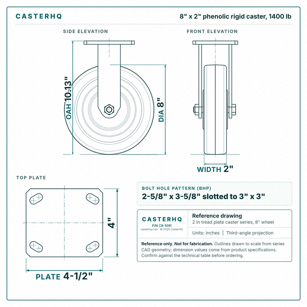 8 x 2 in phenolic rigid caster reference drawing, side, front and top plate views with dimensions