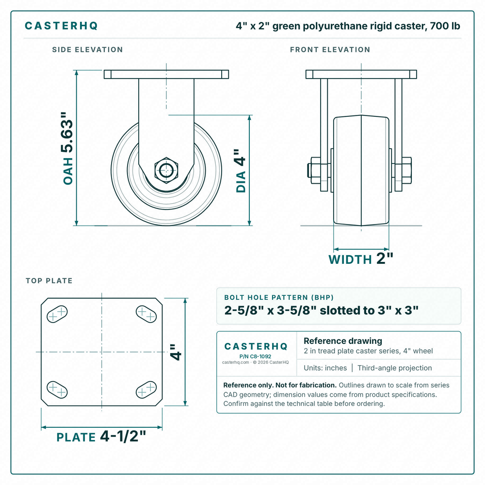 4 x 2 in green polyurethane rigid caster reference drawing, side, front and top plate views with dimensions