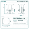 4 x 2 in cast iron rigid caster reference drawing, side, front and top plate views with dimensions
