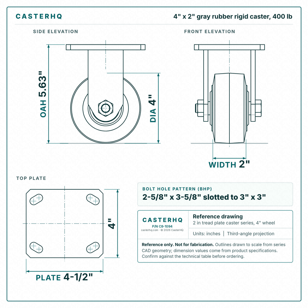 4 x 2 in gray rubber rigid caster reference drawing, side, front and top plate views with dimensions