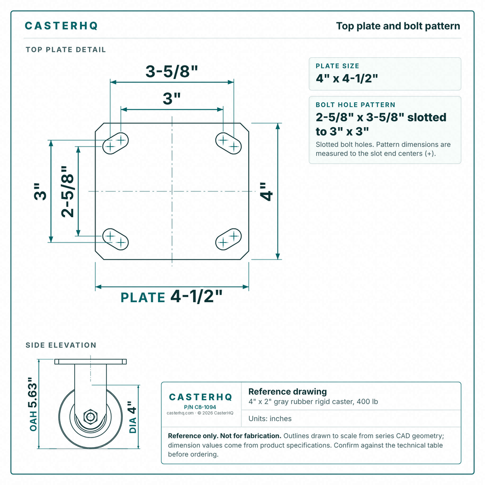 Top plate bolt pattern drawing, ["4\" x 4-1/2\""] plate, slotted bolt holes