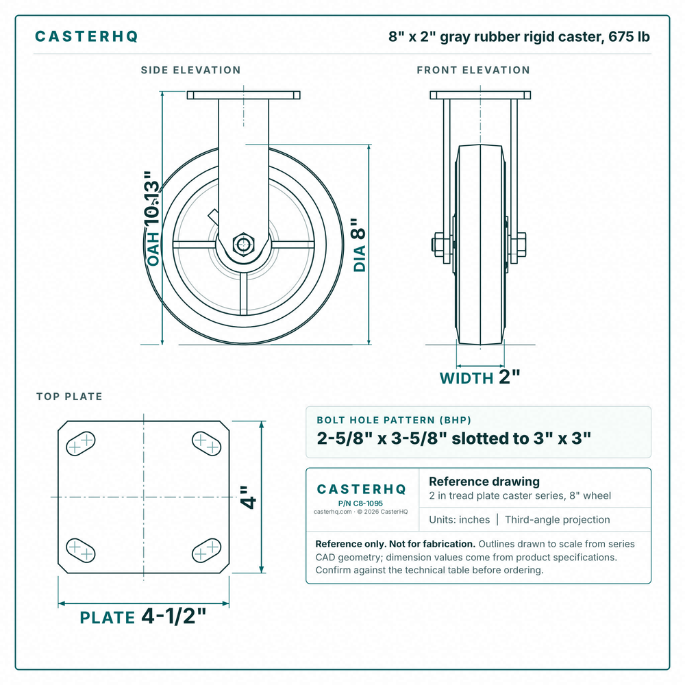 8 x 2 in gray rubber rigid caster reference drawing, side, front and top plate views with dimensions