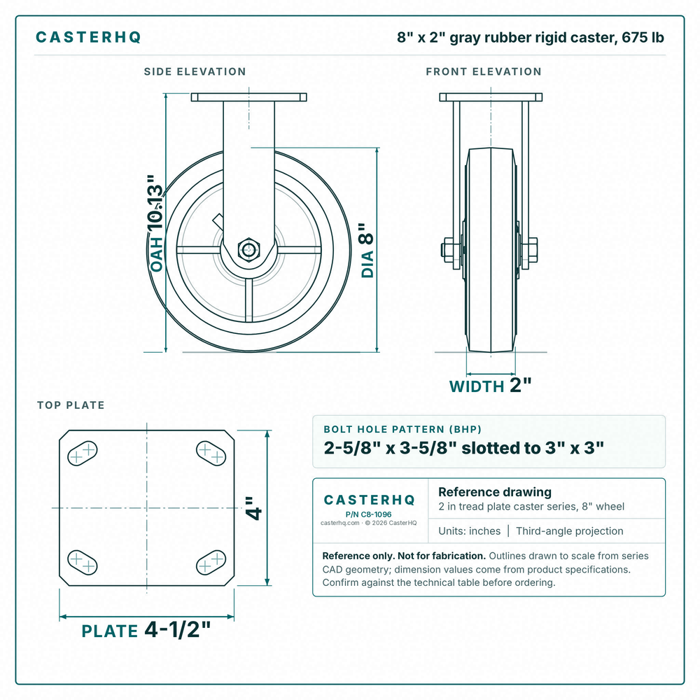 8 x 2 in gray rubber rigid caster reference drawing, side, front and top plate views with dimensions