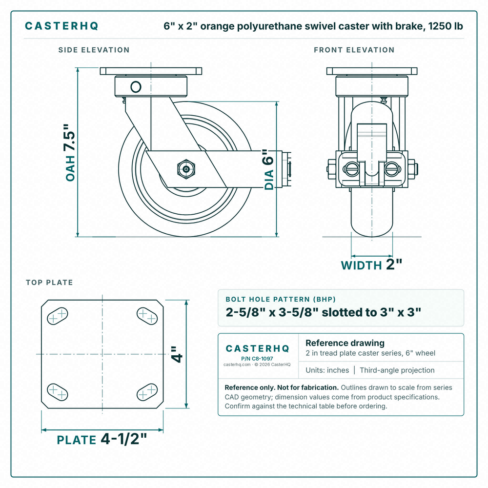 6 x 2 in orange polyurethane swivel caster with brake reference drawing, side, front and top plate views with dimensions