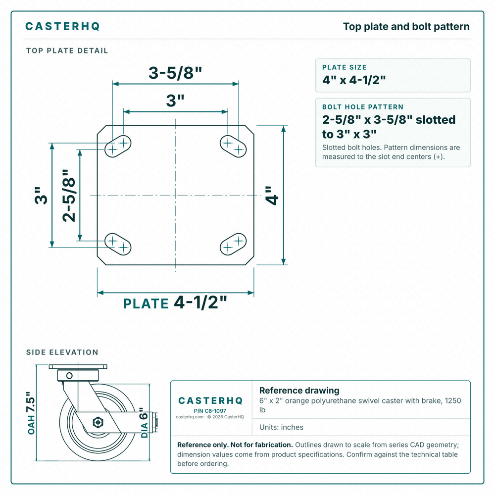 Top plate bolt pattern drawing, ["4\" x 4-1/2\""] plate, slotted bolt holes