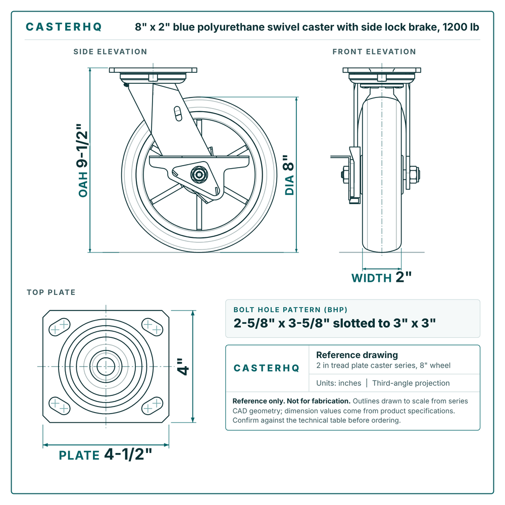 8 x 2 in blue polyurethane swivel caster with side lock brake reference drawing, side, front and top plate views with dimensions
