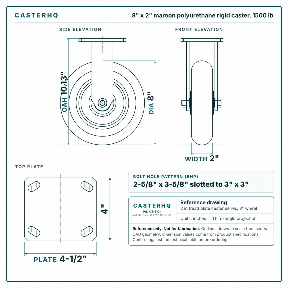8 x 2 in maroon polyurethane rigid caster reference drawing, side, front and top plate views with dimensions