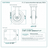 8 x 2 in maroon polyurethane rigid caster reference drawing, side, front and top plate views with dimensions