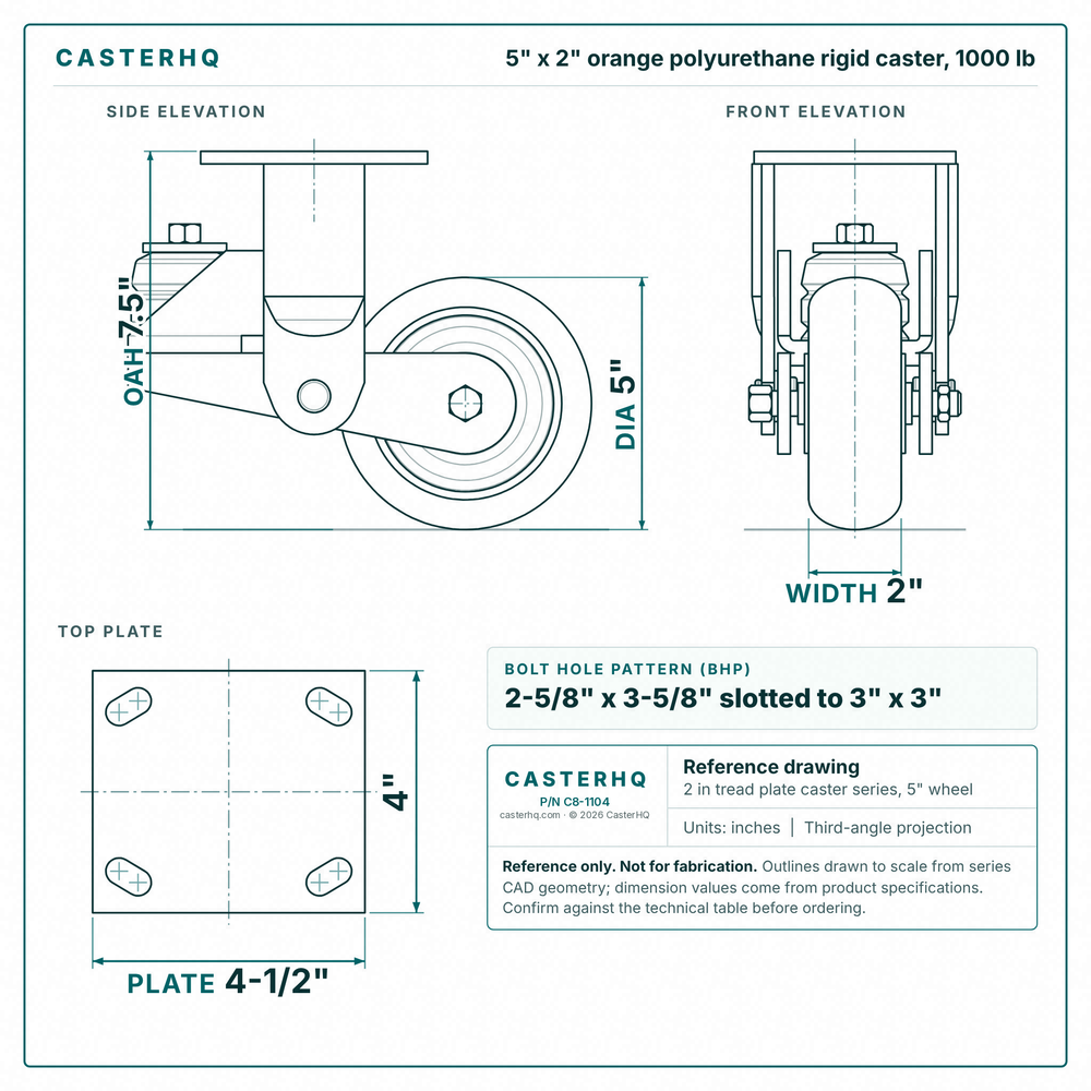 5 x 2 in orange polyurethane rigid caster reference drawing, side, front and top plate views with dimensions
