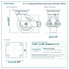 5 x 2 in orange polyurethane swivel caster with brake reference drawing, side, front and top plate views with dimensions