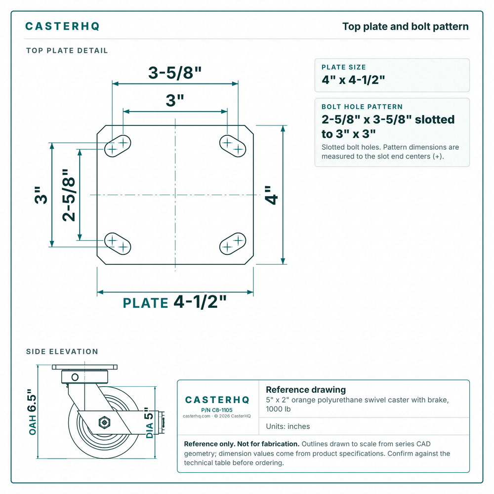 Top plate bolt pattern drawing, ["4\" x 4-1/2\""] plate, slotted bolt holes