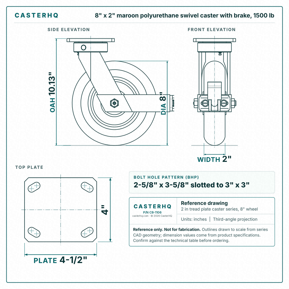 8 x 2 in maroon polyurethane swivel caster with brake reference drawing, side, front and top plate views with dimensions