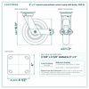 8 x 2 in maroon polyurethane swivel caster with brake reference drawing, side, front and top plate views with dimensions