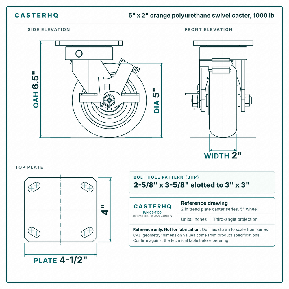 5 x 2 in orange polyurethane swivel caster reference drawing, side, front and top plate views with dimensions