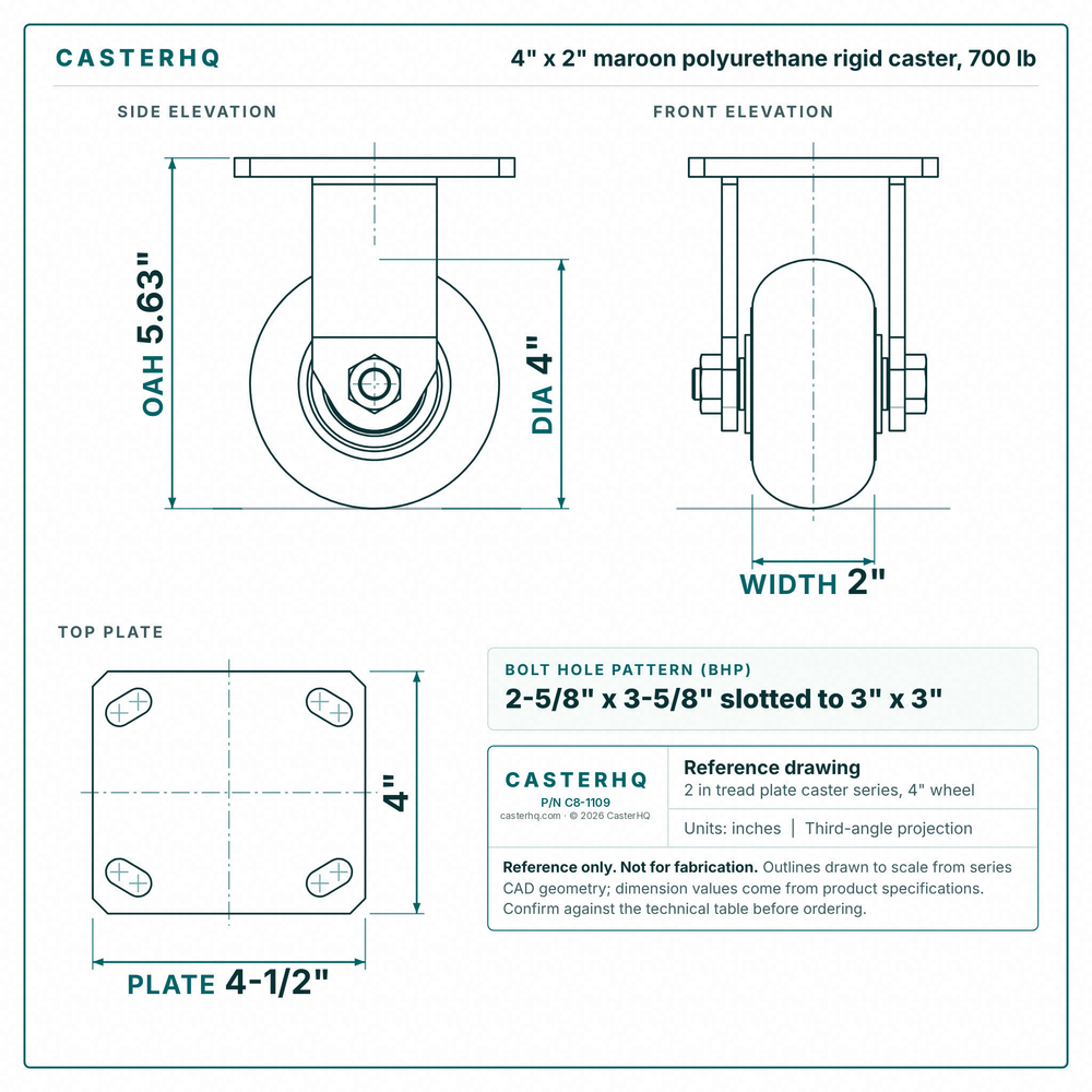 4 x 2 in maroon polyurethane rigid caster reference drawing, side, front and top plate views with dimensions