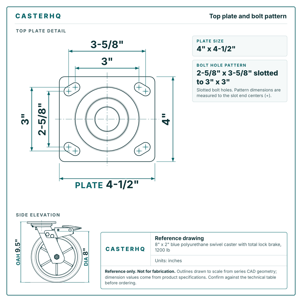 Top plate bolt pattern drawing, 4 x 4-1/2 in plate, slotted bolt holes
