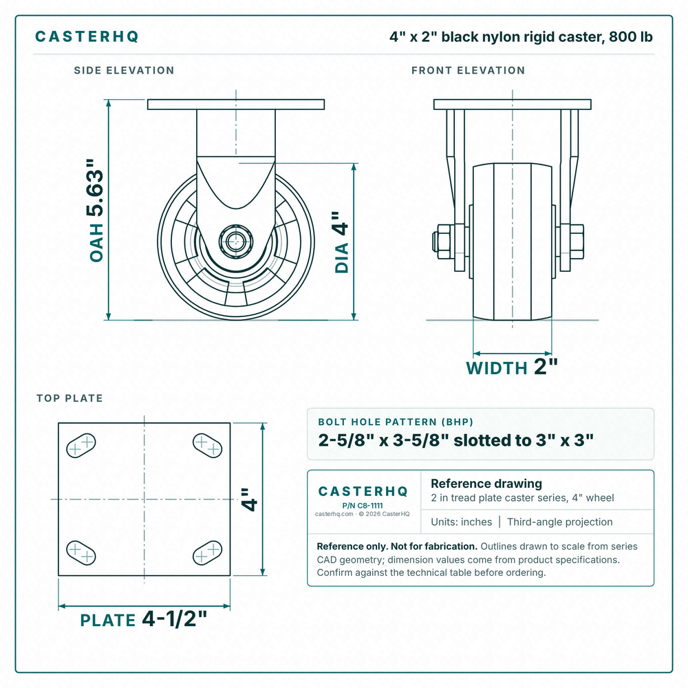 4 x 2 in black nylon rigid caster reference drawing, side, front and top plate views with dimensions