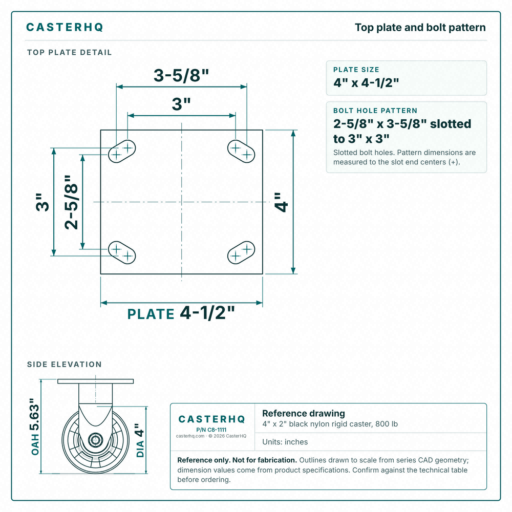 Top plate bolt pattern drawing, ["4\" x 4-1/2\""] plate, slotted bolt holes