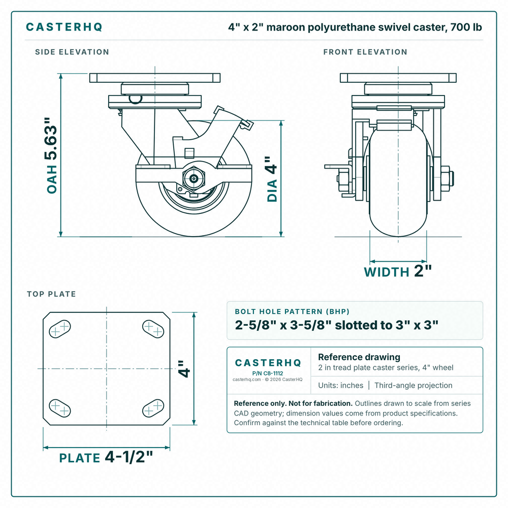 4 x 2 in maroon polyurethane swivel caster reference drawing, side, front and top plate views with dimensions