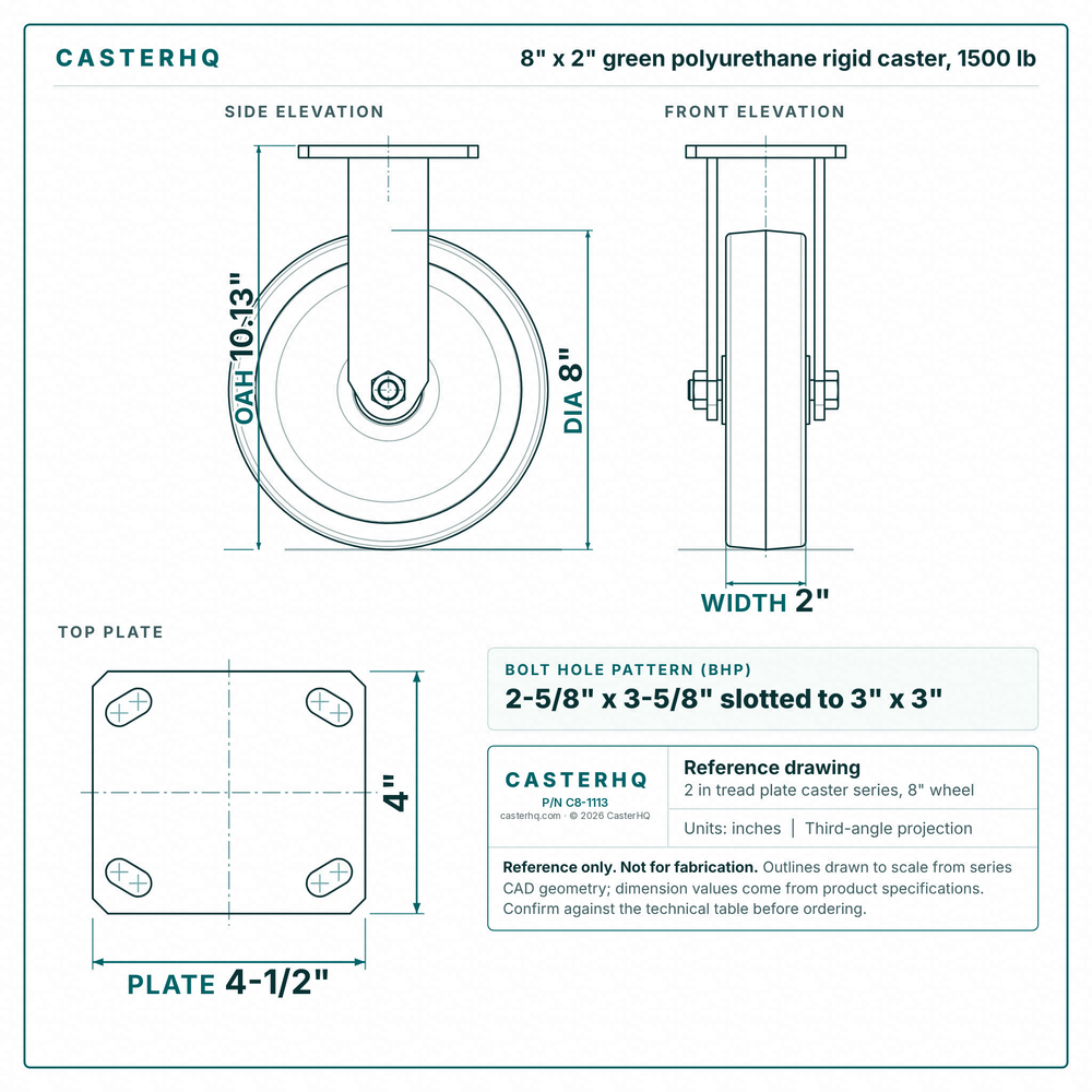 8 x 2 in green polyurethane rigid caster reference drawing, side, front and top plate views with dimensions